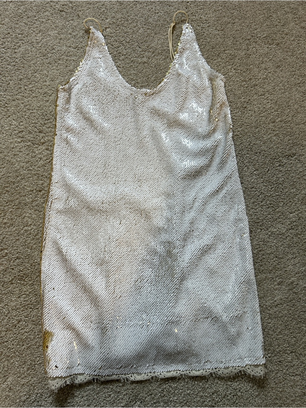 Intimately Free People White and Gold Flip Sequined Slip Dress Lace Trim Sz S